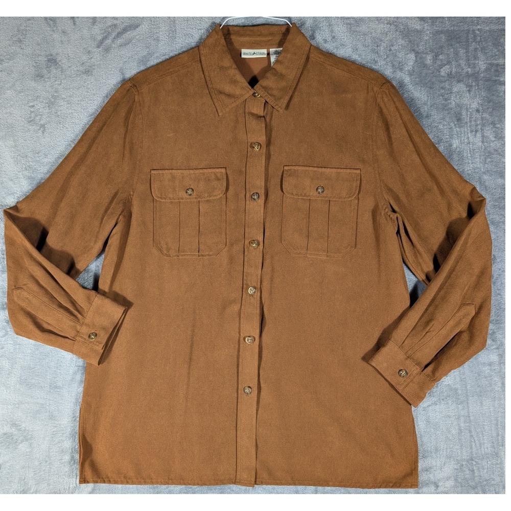 Vtg White Stag Women's Brown Faux Suede Long Sleeve Button Down Shirt Size M
